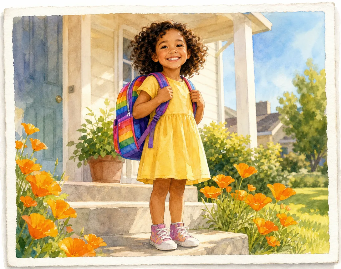 A happy kindergartner with a colorful rainbow backpack standing on a sunny California front porch surrounded by bright orange poppies, smiling confidently on a warm morning — ready for the first day of school.